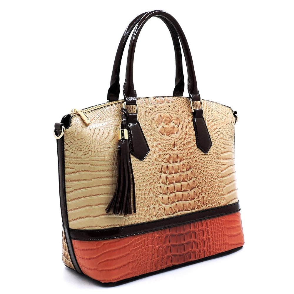Croc embossed Colorblock Handbag Beige and Orange